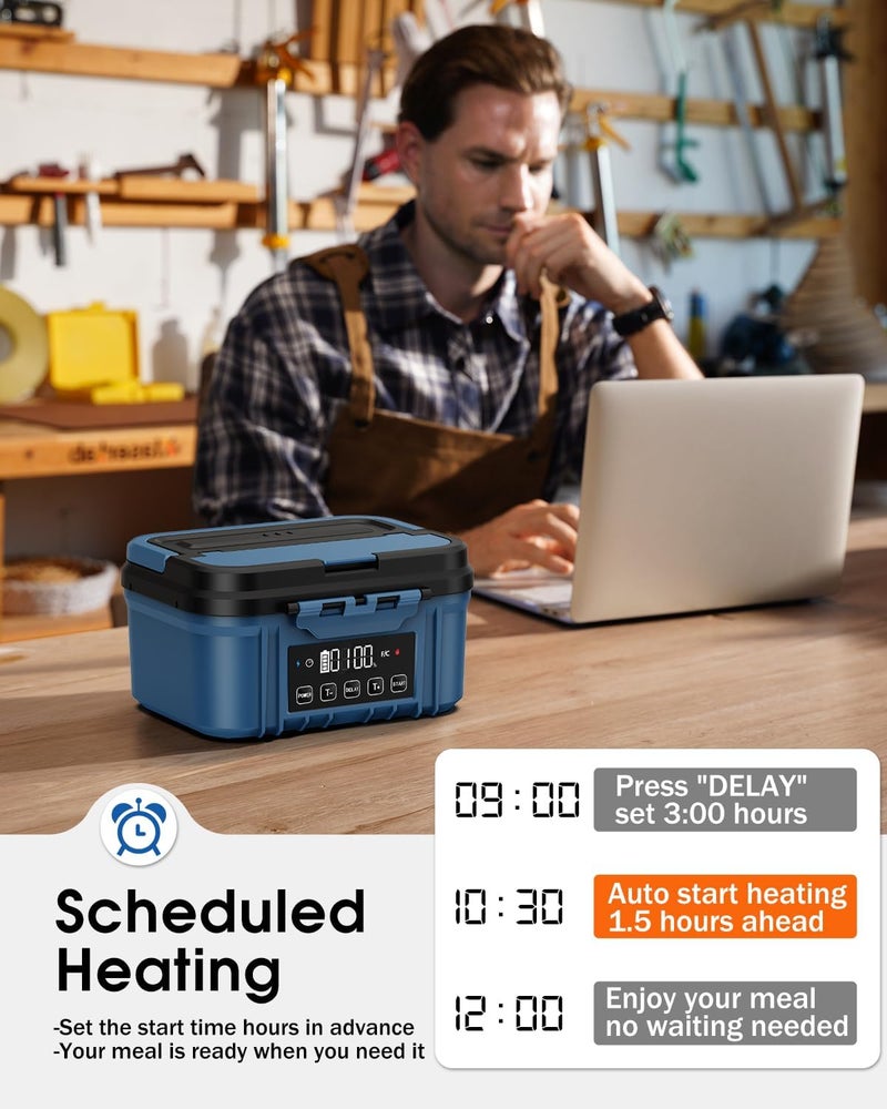 FERVINOW Cordless Electric Lunch Box for Adults – Battery-Powered Heated Lunch Box with 1.2L Stainless Steel Container, Timer Function, and Leak-Proof Food Warmer for Work, Travel & Office(Aqua Blue) - Image 4